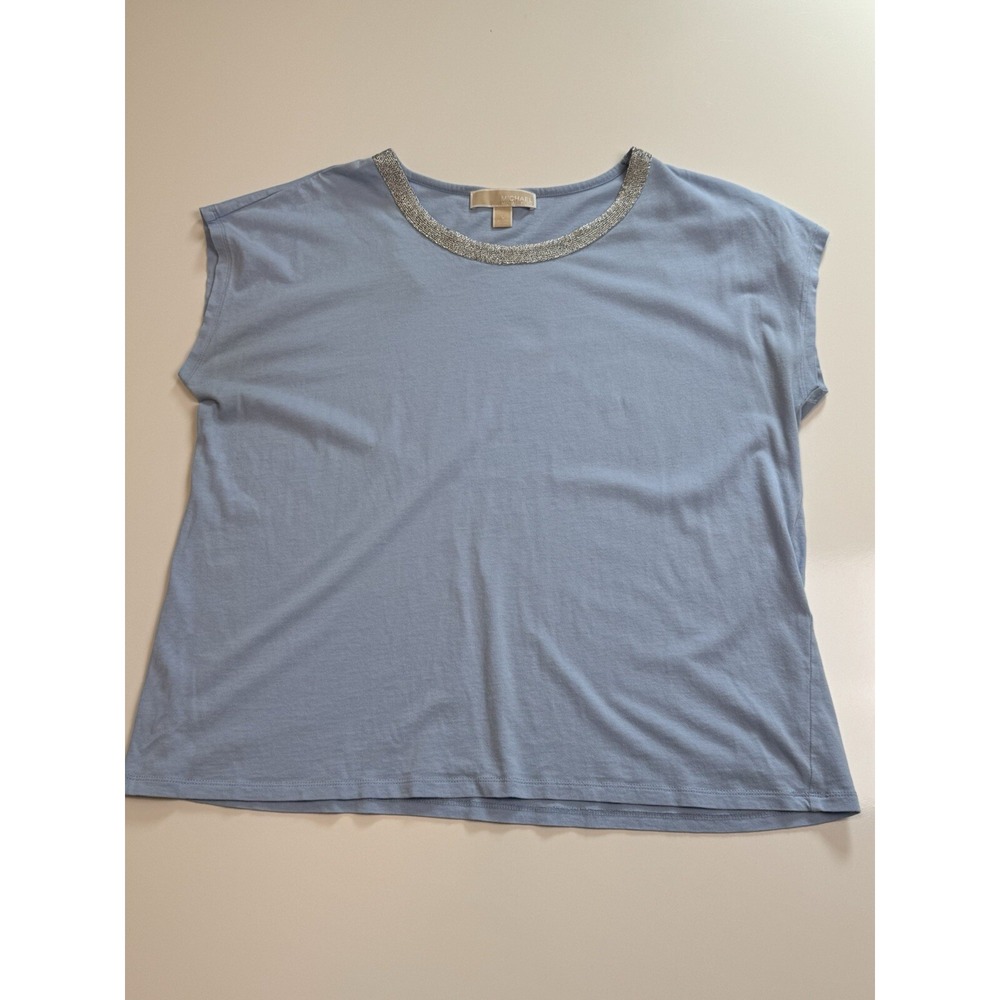 Michael Kors Women's Light Blue Sleeveless Top Metallic Thread Neckline Size L